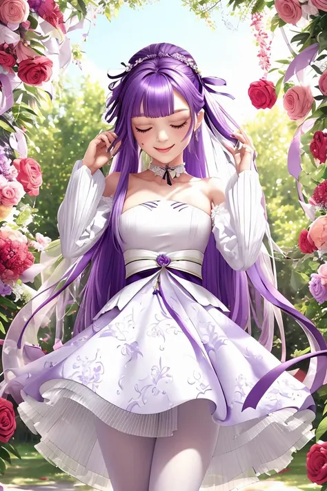 (masterpiece, best quality), 1girl, <lora:a-dream-of-pure-vows-unicorn:1> Print, White dress, Purple hair, long hair, Ribbon , Layered, iselestia_pure_vows,
