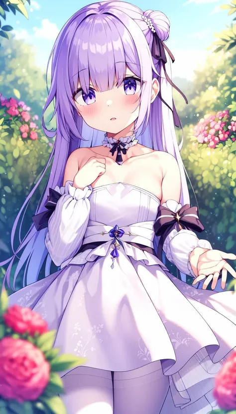 Blush, Print, White dress, masterpiece, best quality, Purple hair, Ribbon, Small chest, (garden:1.0), (birds:1.0), Layered, <lyco:iselestia_pure_vows:1.0>, iselestia_pure_vows, White hair ribbon