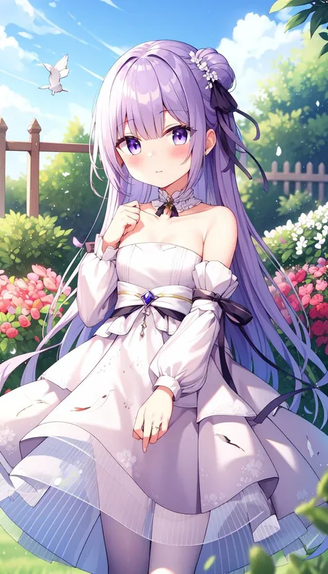 Blush, Print, White dress, masterpiece, best quality, Purple hair, Ribbon, Small chest, (garden:1.0), (birds:1.0), Layered, <lyco:iselestia_pure_vows:0.8>, iselestia_pure_vows, White hair ribbon