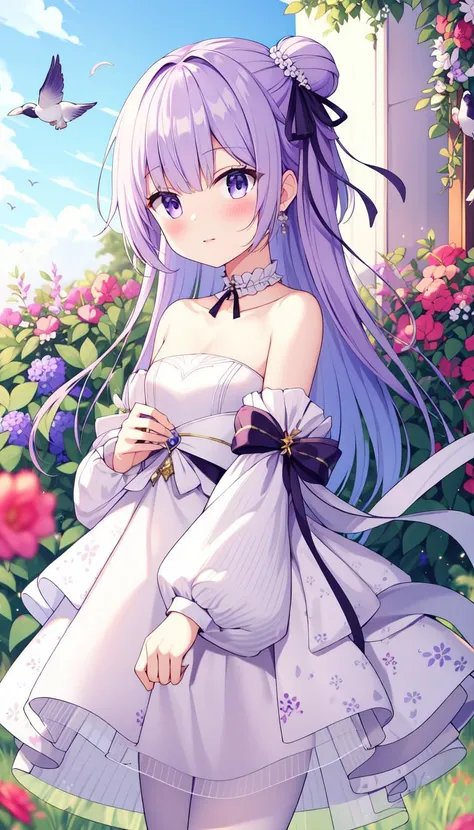 Blush, Print, White dress, masterpiece, best quality, Purple hair, Ribbon, Small chest, (garden:1.0), (birds:1.0), Layered, <lyco:iselestia_pure_vows:0.8>, iselestia_pure_vows, White hair ribbon