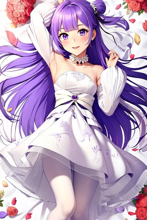 (masterpiece, best quality), 1girl, <lora:a-dream-of-pure-vows-unicorn:1> Print, White dress, Purple hair, long hair, Ribbon , Layered, iselestia_pure_vows,