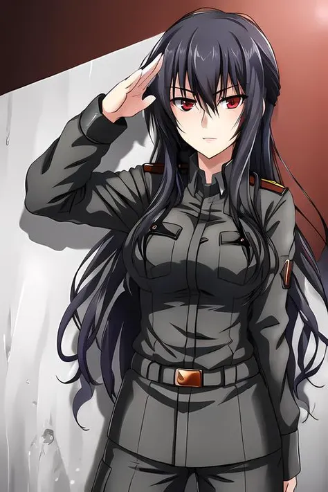 beatrix brehme, 1girl, masterpiece, best quality, red eyes, black hair, looking at viewer, military uniform, salute, <lora:Beatrix_Brehme:0.7>