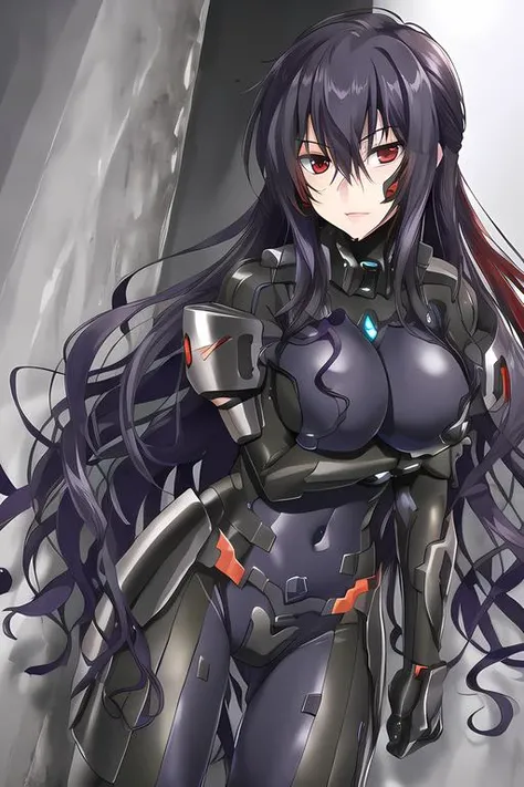 beatrix brehme, 1girl, masterpiece, best quality, red eyes, black hair, looking at viewer, fortified suit,hand between legs, <lora:Beatrix_Brehme:0.7>