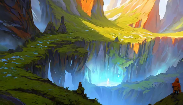 Conceptart,Concept Art,SamWho,mksks style, green moss, species, overlooking chasm, volcano