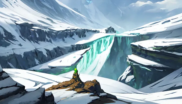 Conceptart,Concept Art,SamWho,mksks style, green moss, species, overlooking chasm, Mountains, Ice