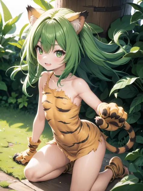 in jungle, gloves,animal hands,tiger print,animal print,tail,green hair,paw gloves,long hair,green eyes,solo,paw shoes,fang,small breasts,smile,tiger ears,tiger tail,tiger girl,cat tail,bare shoulders,torn clothes,jewelry,<lora:chamcham:0.7>