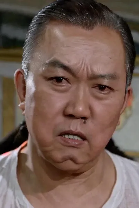 best quality, masterpiece, Asian men,solo,grey_background,realistic,looking at viewer, black_hair, brown_eyes,closed mouth, Angry look,white shirt <lora:huangxin:0.8>