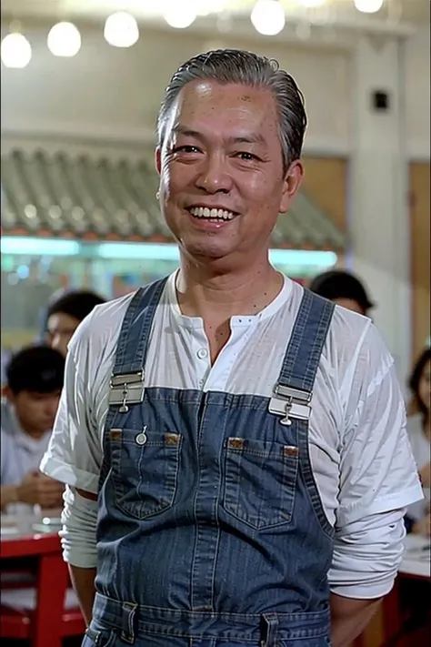 best quality, ultra high res, (photorealistic:1.4),shirt,overalls,masterpiece, blurry background,1boy,standing ,(looking at viewer), <lora:huangxin:0.8>