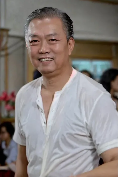 best quality, masterpiece,  Asian men,solo,grey_background,realistic,looking at viewer, black_hair, brown_eyes,white shirt <lora:huangxin:0.8>