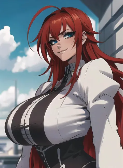 ((best quality)), ((masterpiece)), (detailed), <lora:EyesGen:0.6>,<lora:add_detail:0.0>,8k resolution,high quality,revealing clothes,(skindentation:1.2),intricate,intricate setting,mature female,mature,1girl,looking at viewer, smile, <lora:rias_gremory_v2:0.6>,rias gremory, 1girl, long hair, red hair, ahoge, blue eyes, large breasts, very long hair, breasts,huge ahoge,| <lora:Hz_666V Style Lora:0.85> Hz_666V
