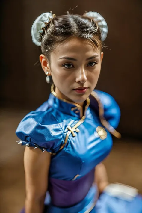 photo of SF2CL, <lora:SF2CL:1.2>, a woman, busty, 1girl, hair buns, blue chinese dress, double bun hairstyles, white belt, brown leggings, long white boots, puffy sleeves, spiked bracelets, thick legs, masterpiece, highness, perfect face, perfect picture, detailed eyes, standing, simple background, sharp focus, 8k, studio lighting, photo realistic, highly detailed, canon R5, 50mm focal length, f/5.6. (highly detailed skin:1.2)
