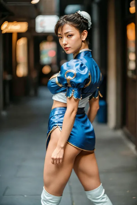 photo of SF2CL, <lora:SF2CL:1.2>, a woman, busty, 1girl, hair buns, blue chinese dress, double bun hairstyles, white belt, brown leggings, long white boots, puffy sleeves, spiked bracelets, thick legs, masterpiece, highness, perfect face, perfect picture, detailed eyes, standing, simple background, sharp focus, 8k, studio lighting, photo realistic, highly detailed, canon R5, 50mm focal length, f/5.6. (highly detailed skin:1.2)
