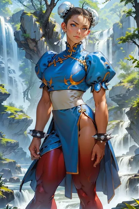 1girl, sf2cl, hair buns, blue chinese dress, double bun hairstyles, white belt, brown leggings, long white boots, at the mountains, waterfall, trees, puffy sleeves, spiked bracelets, thick legs, masterpiece, highness, perfect face, perfect picture, detailed eyes <lora:SF2CL-000004:0.92> SFW