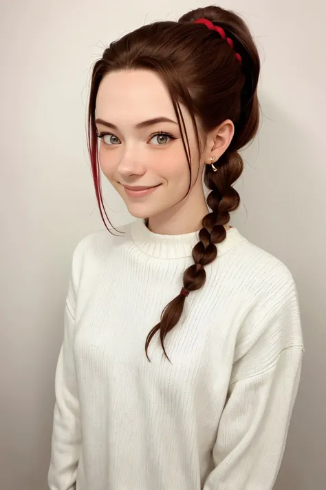 upper body photo of <lora:sd15_Nichameleon_v1:.9> Nichameleon, focus on smiling face, wearing a thin sweater , her hair is styled as braided ponytail,