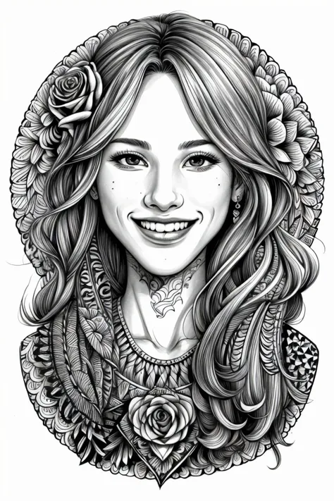 (zentangle style:1.2), line art drawing of <lora:sd15_Nichameleon_v1:.9> Nichameleon, close up on face, focus on eyes, surrounded by numerology symbols