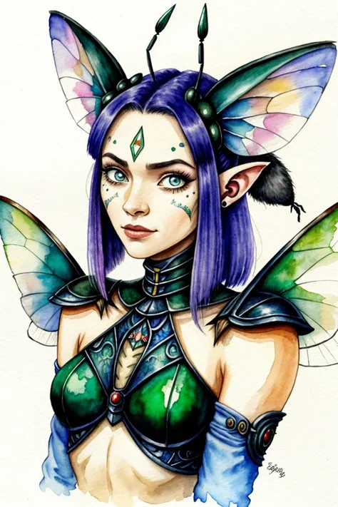 an extremely detailed, intricate watercolor painting of <lora:sd15_Nichameleon_v1:.9> Nichameleon with ant antenna on her head, she has multifaceted eyes, she has insect wings for ears