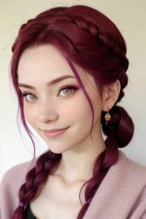 photo of <lora:sd15_Nichameleon_v1:.9> Nichameleon, focus on eyes, close up on face, smile, wearing jewelry, plum color hair styled twisted braided bun,