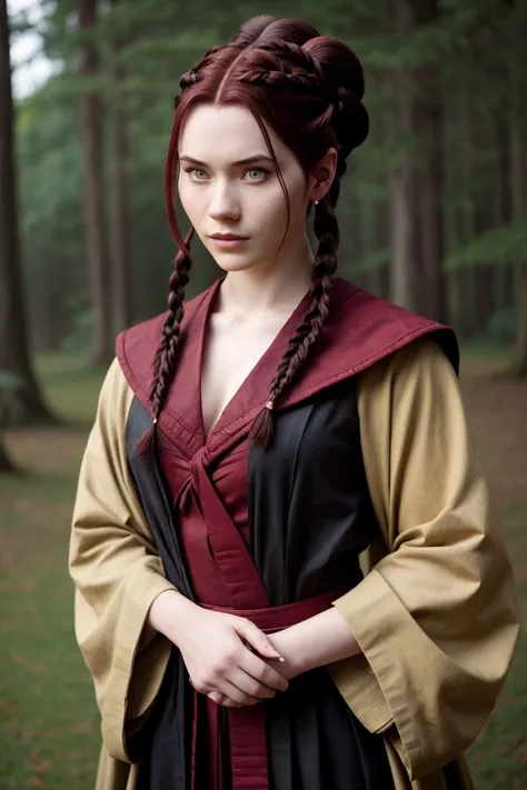 portrait photo of <lora:sd15_Nichameleon_v1:.9> Nichameleon, focus on face, wearing a mage robe , her isabelline color hair is styled as braided updo hair,