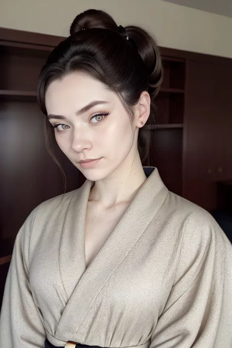 portrait photo of <lora:sd15_Nichameleon_v1:.9> Nichameleon, focus on face, wearing a paw print kimono , her dark beige hair is styled as high ponytail hair,