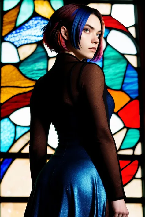 (stained glass style, vibrant, fragmented, light effects, highly detailed:1.15), (low angle, headshot:1.2) <lora:sd15_Nichameleon_v1:.9> Nichameleon, from behind,4:: she is wearing military uniform , her hair is styled as textured lob, BREAK she is (at the top of a mountain:1.1), candlelight, shot on ALEXA 65 ,desaturated grunge filter,Fujicolor Pro ,Voigtlnder Nokton 50mm f1.1 ,