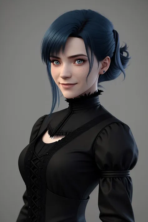 professional 3d model, octane render, highly detailed, volumetric, dramatic lighting, headshot photo of <lora:sd15_Nichameleon_v1:.9> Nichameleon, focus on smiling face, wearing victorian clothing , her dark aquamarine hair is styled as side-swept bangs hair,