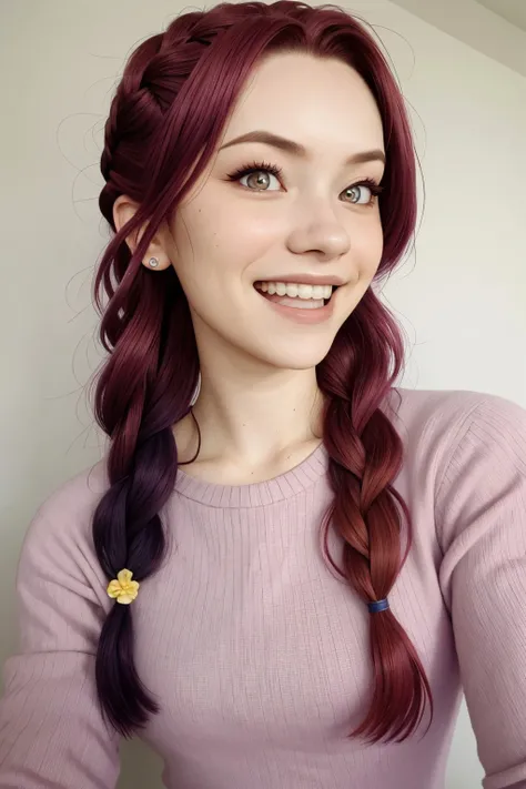photo of <lora:sd15_Nichameleon_v1:.9> Nichameleon, focus on eyes, close up on face, laughing, light plum hair styled side braid hair,