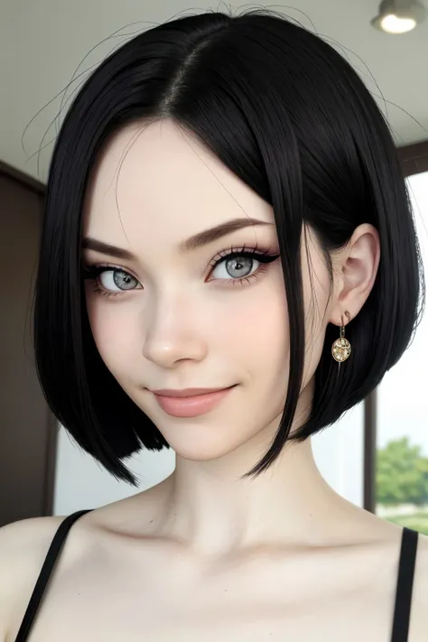 photo of <lora:sd15_Nichameleon_v1:.9> Nichameleon, focus on eyes, close up on face, smile, wearing jewelry, hair styled Straight A-Line Bob, black and white