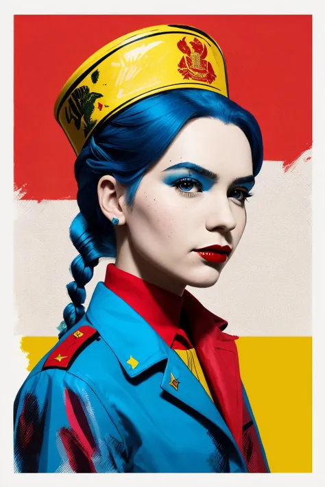 (silkscreen style, bold colors, flat, pop art, Warhol inspired:1.15), headshot <lora:sd15_Nichameleon_v1:.9> Nichameleon, focus on face, wearing a military uniform , her sky blue color hair is styled as Straight Fishtail Braid,