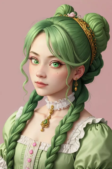(rococo art, ornate, pastel, romantic, highly detailed:1.15), <lora:sd15_Nichameleon_v1:.9> Nichameleon, focus on eyes, close up on face, wearing jewelry, larva green color hair styled rope braid bun,
