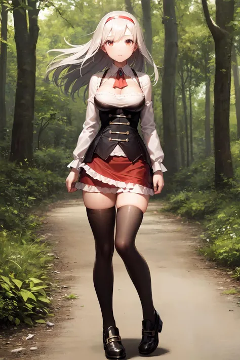 annasennen, 1girl, solo, hairband, detached collar, brooch, ascot, shirt, underbust, skirt, frilled skirt, black thighhighs, shoes, full body, forest, wind <lora:annasennen_V2-09:0.7> <lora:GoodHands-vanilla:1>