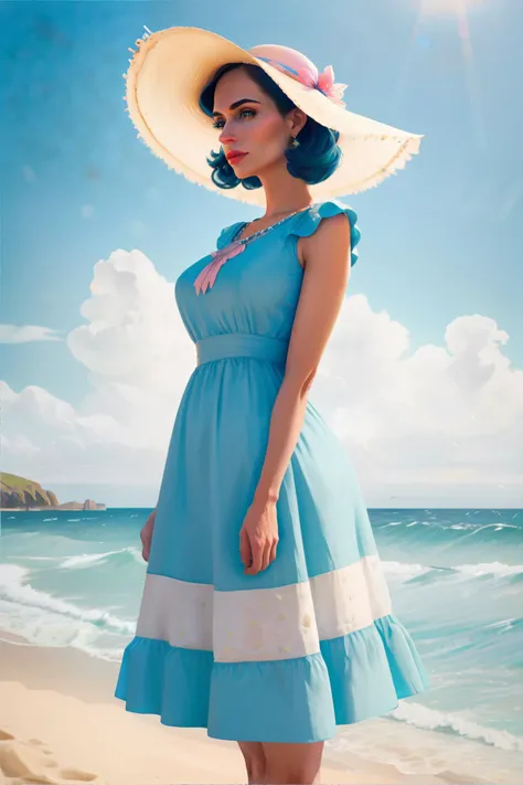 <lora:kawaiipastel:0.6>, kawaii, pastel colors, woman standing on beach, ocean, wearing vintage dress and large sunhat, windy, sideview || masterpiece, perfect quality, sharp focus, shallow depth of field, 8k