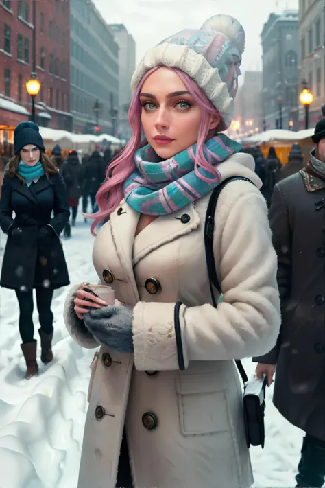 <lora:kawaiipastel:0.6>, kawaii, pastel colors, woman wearing thick knit scarf and long wool coat, looking at camera, winter, snow, city street || masterpiece, perfect quality, sharp focus, shallow depth of field, 8k