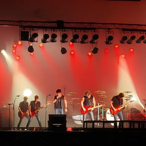 rock concert, stage, multiple boys, guitar, drum, red lights