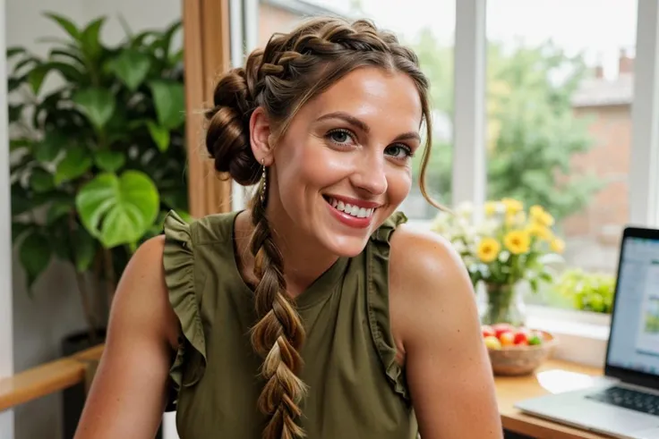 man, RandomeAge, English, Olive Skin, green eyes, Ruffled Tank and Cropped Trousers,  Dutch braid hairstyle, depth of field, grin, looking at viewer, office, smile, solo, teeth, Casual hands-in-pockets stance, window, Voluptuous, perfect skin, attractive, aesthetic, symmetrical, detailed, graduated depth of field, blurry, blurry background, blurry foreground, realistic, safe for work,