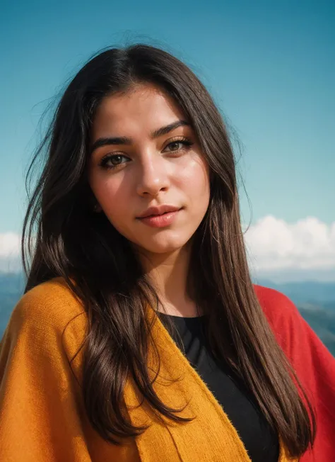 portrait of stunning Kurdish girl, wearing Poncho, At the Emerald Sky Haven atop Floating Plateaus, film stock photograph, cinematic, posing, analog photo, raw, f2, 35mm, flash photography, 8k, highly detailed, Extremely high-resolution, film grain