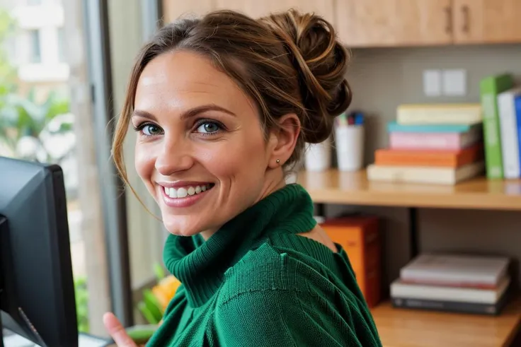 man, 42 years old, Israeli, Honey Skin, Green eyes, large eyes, Ripped Jeans and Off-the-Shoulder Sweater,  Messy bun hairstyle, depth of field, grin, looking at viewer, office, smile, solo, teeth, Thumbs up, window, Voluptuous, perfect skin, attractive, aesthetic, symmetrical, detailed, graduated depth of field, blurry, blurry background, blurry foreground, realistic, safe for work,