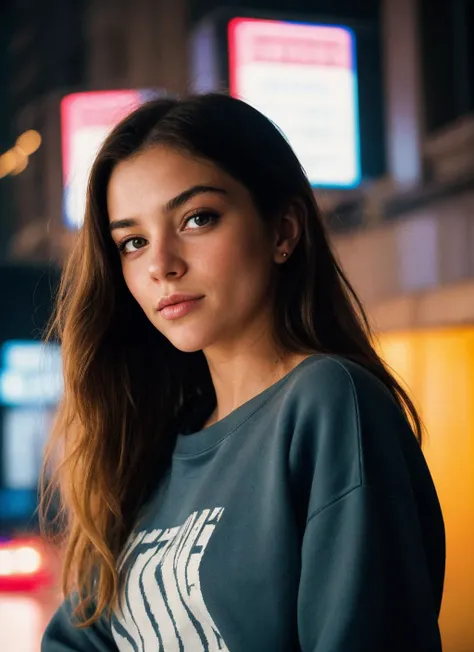 portrait of stunning French girl, wearing Crewneck sweatshirt, At the Digital Metropolis within the Cybernetic Frontier, film stock photograph, cinematic, posing, analog photo, raw, f2, 35mm, flash photography, 8k, highly detailed, Extremely high-resolution, film grain