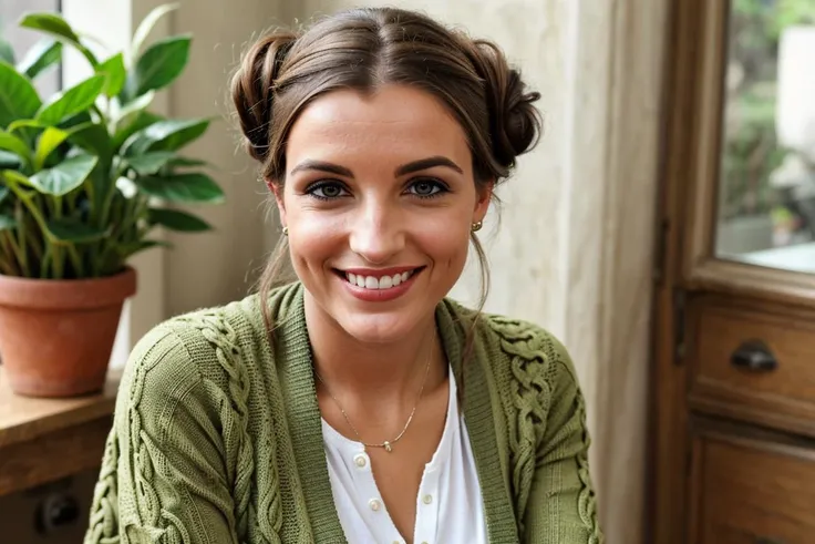 woman, Kurdish, Olive Skin, green eyes, Knit Cardigan and Midi Slip Dress,  Victory rolls hairstyle, depth of field, grin, looking at viewer, office, smile, solo, teeth, Feet crossed at the ankles, seated, window, Stocky, perfect skin, handsome, aesthetic, symmetrical, detailed, graduated depth of field, blurry, blurry background, blurry foreground, realistic