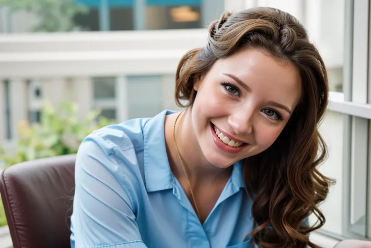 man, 18 years old, Canadian, Golden Skin, Brown eyes, large eyes, Wrap Blouse and High-Waisted Shorts,  Wavy lob hairstyle, depth of field, grin, looking at viewer, office, smile, solo, teeth, Feet crossed at the ankles, seated, window, Athletic build, perfect skin, attractive, aesthetic, symmetrical, detailed, graduated depth of field, blurry, blurry background, blurry foreground, realistic, safe for work,