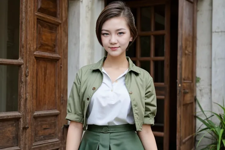 18 years old, Laotian, Porcelain Skin, Green eyes, large eyes, Utility Jacket and Khaki Skirt,  Crew cut hairstyle, depth of field, In the Haunted Mansion, Raised brow with a questioning look, solo,  Arms outstretched, as if presenting something, window, Athletic build, perfect skin, attractive, aesthetic, symmetrical, detailed, realistic