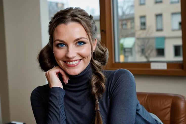 woman, 35 years old, Danish, Very Dark Skin, Blue eyes, large eyes, Knit Turtleneck and Leather Leggings,  Victory rolls hairstyle, depth of field, grin, looking at viewer, office, smile, solo, teeth, Arms outstretched, as if presenting something, window, Stocky, perfect skin, attractive, aesthetic, symmetrical, detailed, graduated depth of field, blurry, blurry background, blurry foreground, realistic, safe for work,