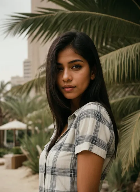 portrait of stunning Sinhalese girl, wearing Flannel shirt, In the Mirage Oasis concealed within the Mirage Sands, film stock photograph, cinematic, posing, analog photo, raw, f2, 35mm, flash photography, 8k, highly detailed, Extremely high-resolution, film grain