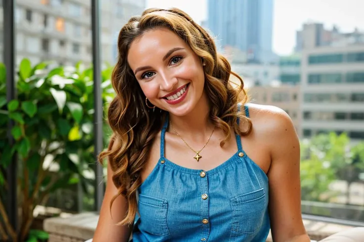 woman, 35 years old, Macedonian, Golden Skin, Hazel eyes, large eyes, Chambray Romper and Espadrille Sandals,  Crochet braids hairstyle, depth of field, grin, looking at viewer, office, smile, solo, teeth, Sitting cross-legged on the floor, window, Sturdy build, perfect skin, attractive, aesthetic, symmetrical, detailed, graduated depth of field, blurry, blurry background, blurry foreground, realistic, safe for work,