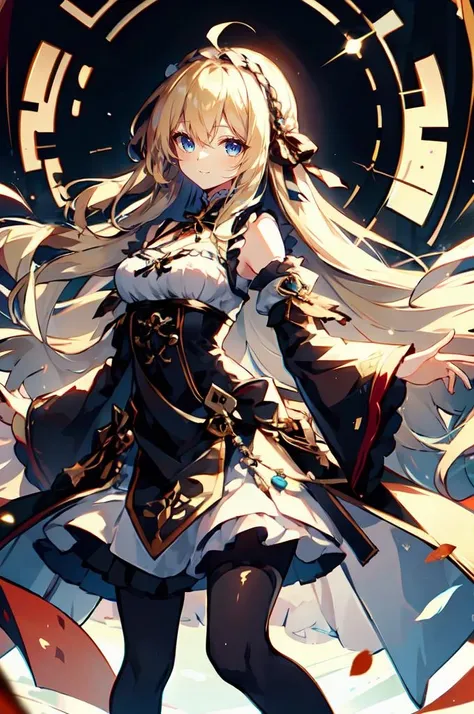 ultra detailed, masterpiece, best quality, solo, soft smile, light smile,
1girl, blue eyes, very long hair, blonde hair, long blonde hair, french braid, bangs, medium breasts,
hair ribbon, frilled choker, criss-cross halter, sleeveless dress, high-waist skirt, backless dress, waist bow, detached sleeves, frilled sleeves, wide sleeves, pantyhose, patterned legwear, mary janes, <lora:Anime_Style_by_Bing_Version:1>