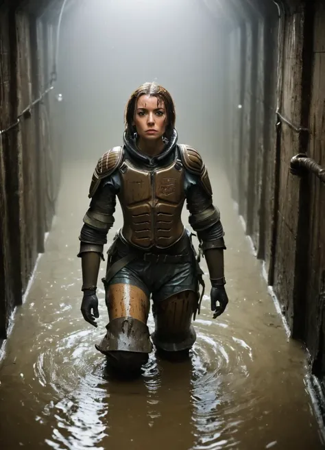jdgdrdd, low angle image of a woman in armor standing in the sewer, wading through dirty water, water, sewage, upper body,
<lora:Judge_Dredd_-_2012_SDXL:0.8> jdgdrdd