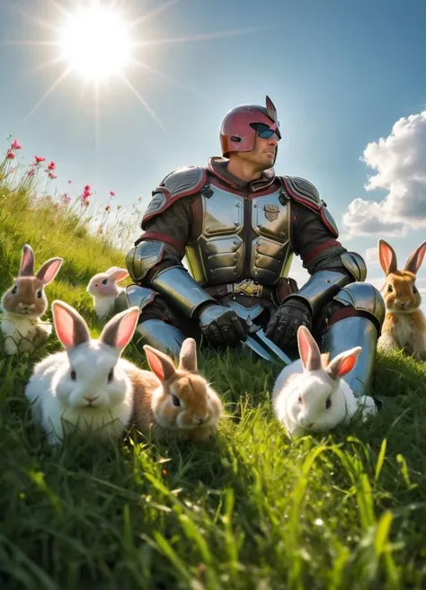 jdgdrdd, low angle image of a man in armor sitting in the grass, surrounded by cute bunnies, grass in the foreground, sunny day, vibrant colors in the sky, sunshine, god rays,
<lora:Judge_Dredd_-_2012_SDXL:0.8> jdgdrdd