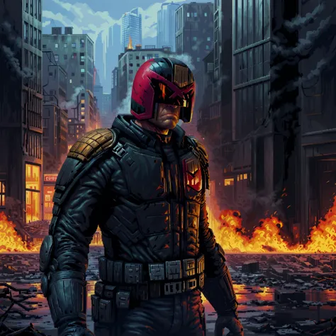 Dredd scowling at a burning building, jdgdrdd, city street, fire, smoke, reflections,