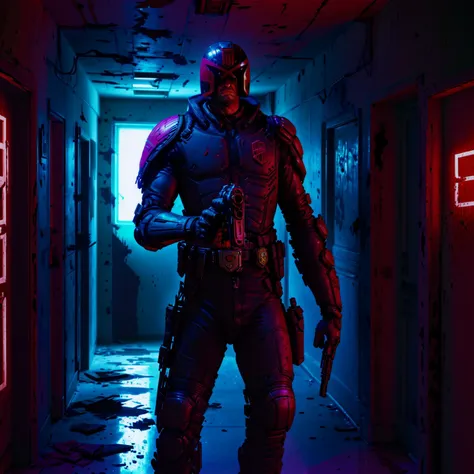 Dredd holding a gun in a dark brutalist hallway, jdgdrdd, red neon light, glow, dilapidated, peeling paint,