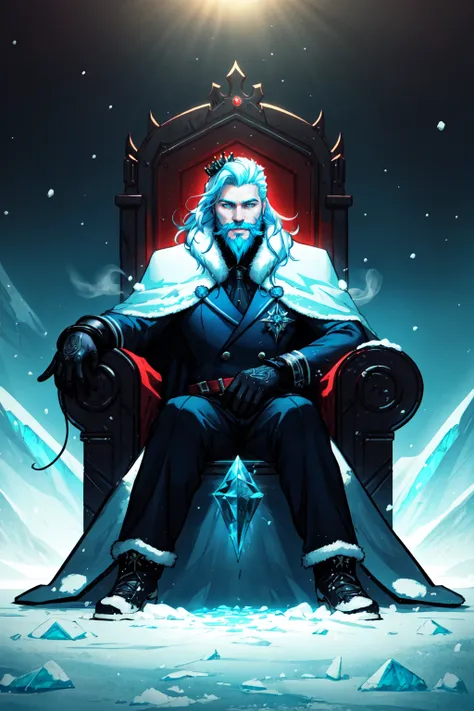 crown, royal crown, regal , frozen throne, throne, ice, winter scene, iced over throne, 1boy, sitting, male focus,beard, white beard, blue skin, facial hair, long hair, long beard, frozen setting, solo, blue theme, cape, colored skin, white hair,  bird, penguin, arctic setting, (zentangle, entangle, mandala:0.5),  NeonLighting NeonLightingScene  DemonUnderWorld Earth-QualityPos,