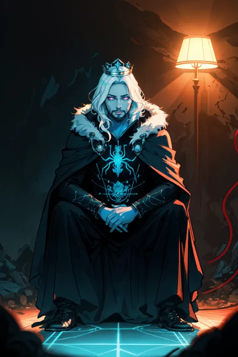 Cent-Angle  NeonLighting NeonLightingScene  DemonUnderWorld Earth-QualityPos EarthPorcelain crown, throne, 1boy, sitting, male focus, bird, beard, blue skin, facial hair, penguin, solo, blue theme, cape, colored skin, white hair,